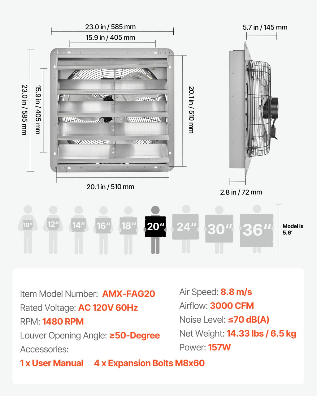Ventilador extractor de 20 pulgadas con persiana | VEVOR
