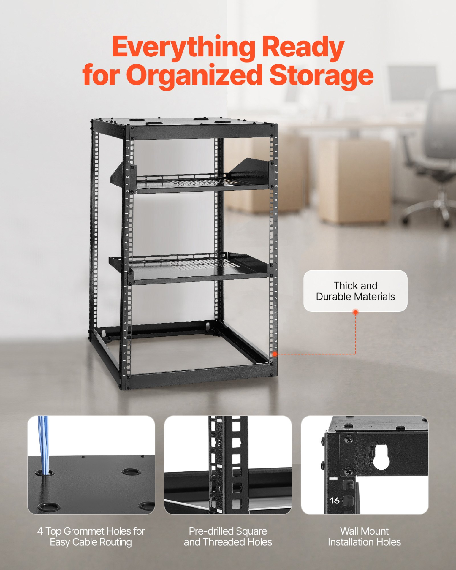 Rack de red de 16U con estructura abierta | VEVOR