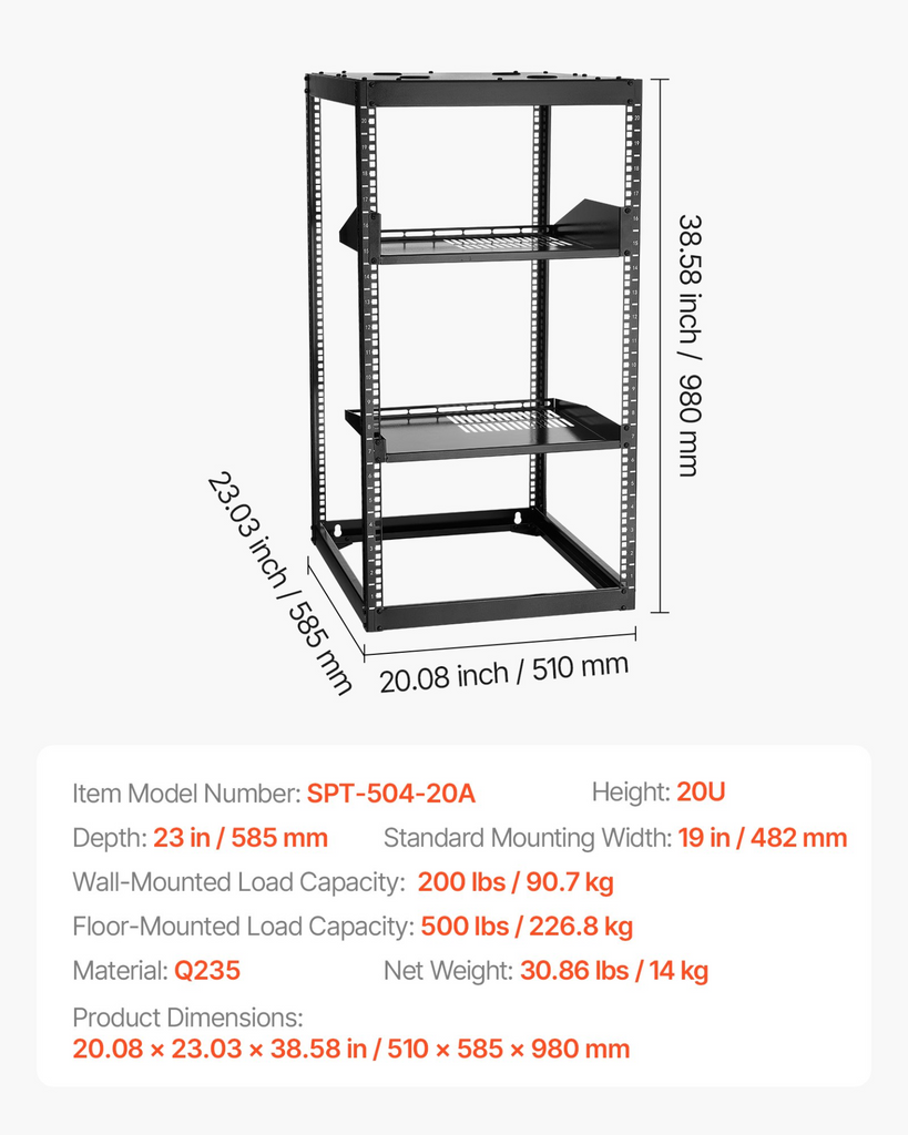 Rack de red de 20U con estructura abierta