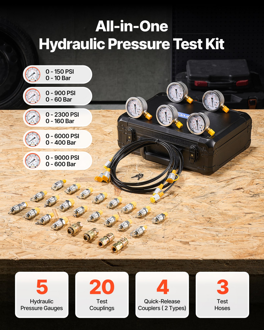 Kit de prueba de presión hidráulica, 9000 PSI | VEVOR