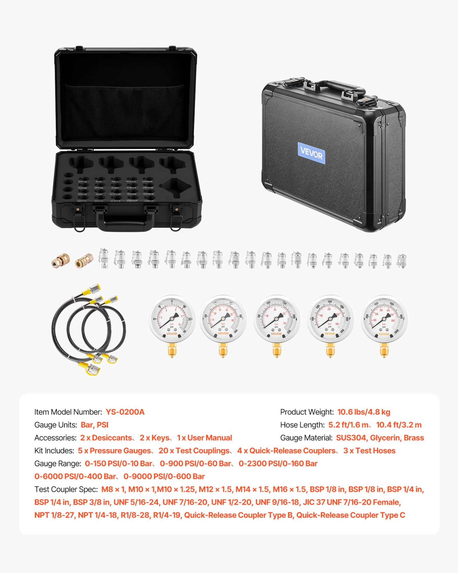 Kit de prueba de presión hidráulica, 9000 PSI | VEVOR
