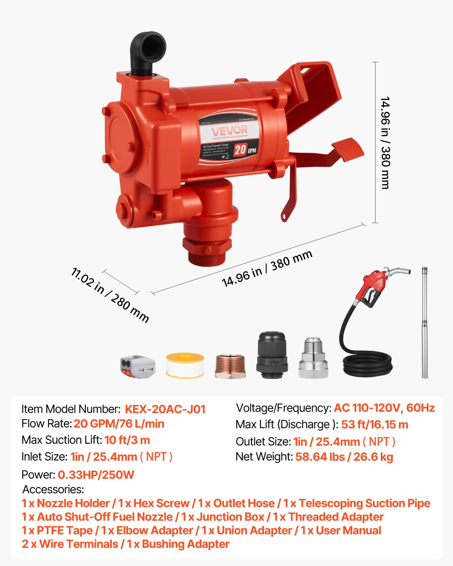 Bomba de transferencia de combustible de 110 V, 20 GPM | VEVOR