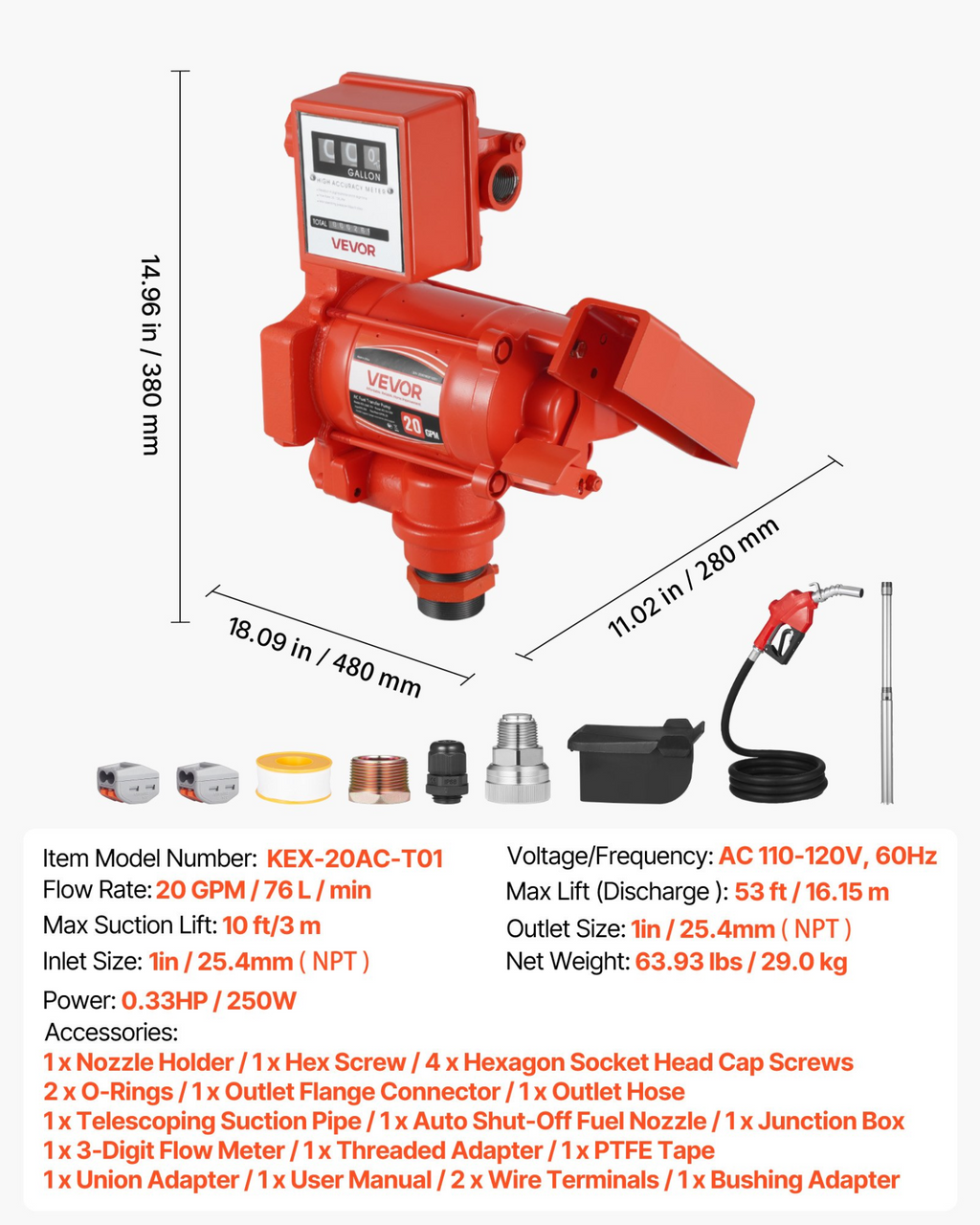 Bomba de transferencia de combustible de 110 V, 76 L | VEVOR