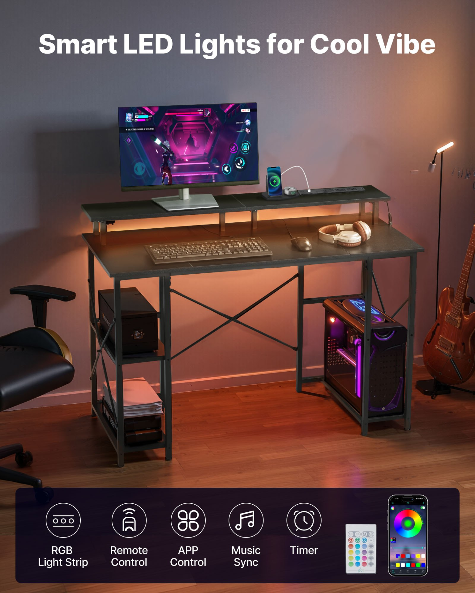 Escritorio para juegos de 47" con luces LED y tomas | VEVOR