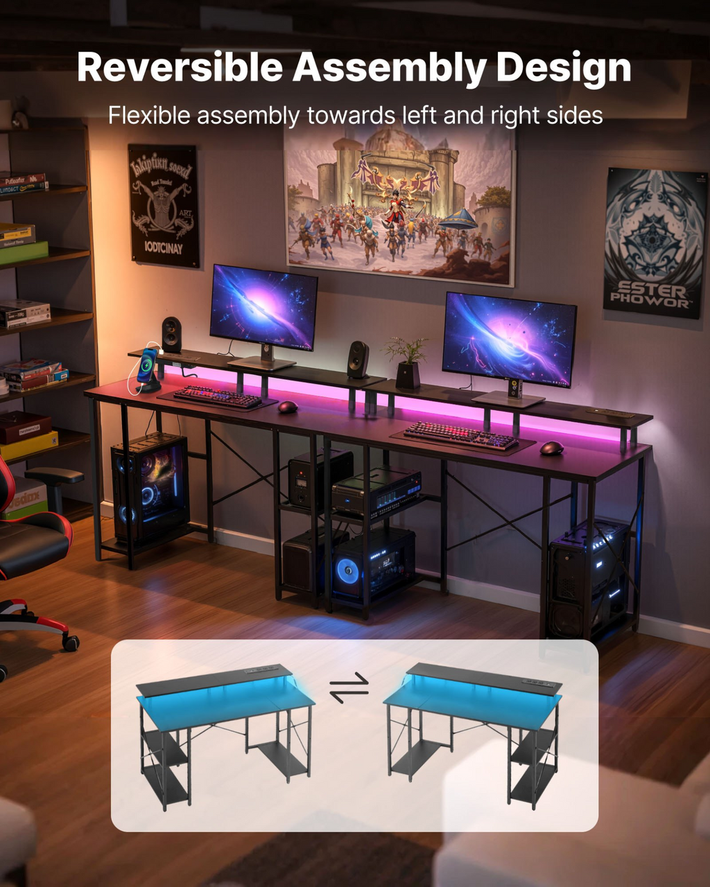 Escritorio para juegos de 47" con luces LED y tomas | VEVOR