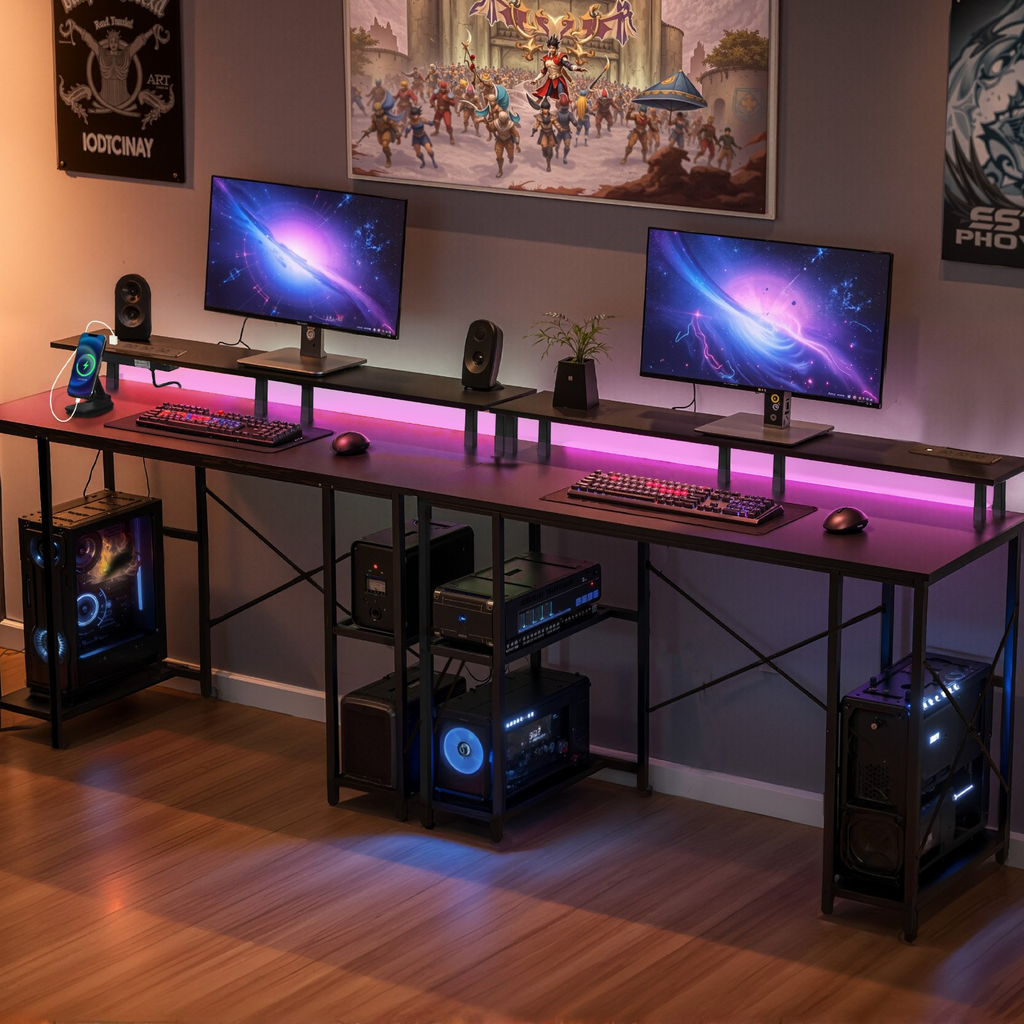 Escritorio para juegos de 47" con luces LED y tomas | VEVOR