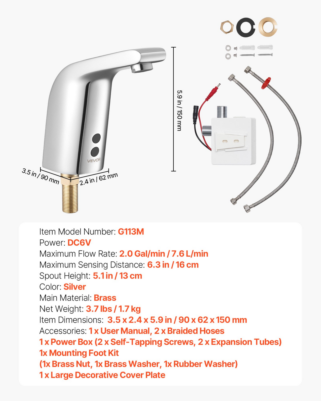 Grifo de lavabo sin contacto, 16 pulgadas | VEVOR